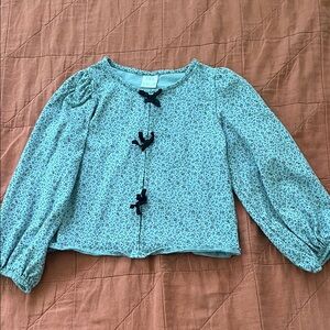 Zara Blue Floral Long Sleeve Top with Bow Details